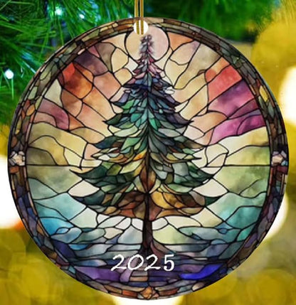 Christmas Ornaments 2025, Stained Glass Style, Round Fun Acrylic Decoration Gifts (Christmas Tree)