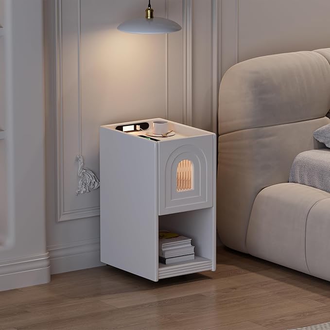 homary Modern Narrow White Nightstand with USB Port & Sensor Light, Smart Bedside Table with Charging Station for Bedrooms Living Rooms