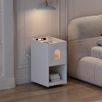 homary Modern Narrow White Nightstand with USB Port & Sensor Light, Smart Bedside Table with Charging Station for Bedrooms Living Rooms
