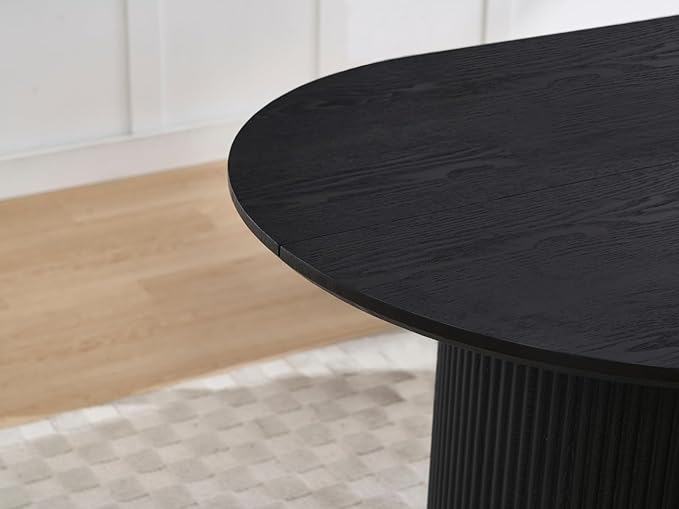 79" Modern Oval Dining Table, Farmhouse Round Wood Kitchen & Dining Room Table for 4-6 Seats, Wooden Strip Base, Home Desk with Easy-Clean Tabletop, Black