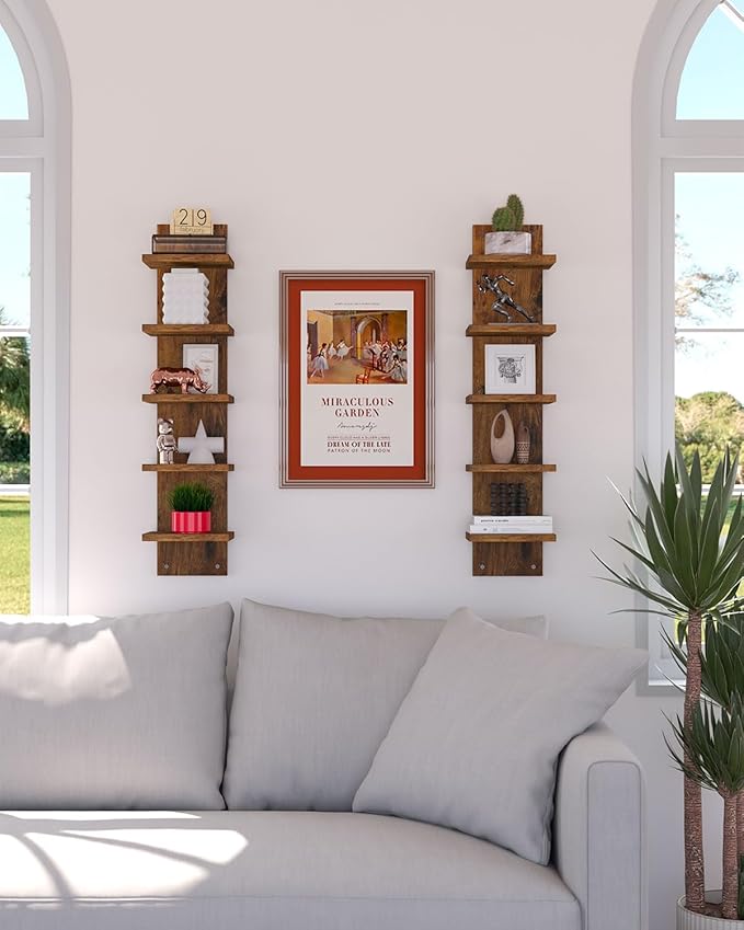 IBUYKE 5 Tier Wall Shelf Unit,Brown Vertical Shelf,Decorative Wall Mount Vertical Shelving for Home, Bedroom,Living Room,Office Decor WBC009H-2