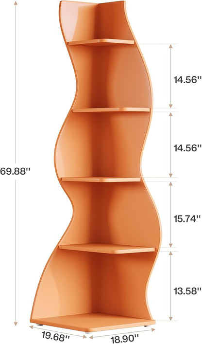 Tribesigns Wavy Corner Shelf, Modern 5-Tier Bookshelf Bookcase with Curvy Shape, Unique Plant Stand Display Rack for Living Room Small Space (Orange)