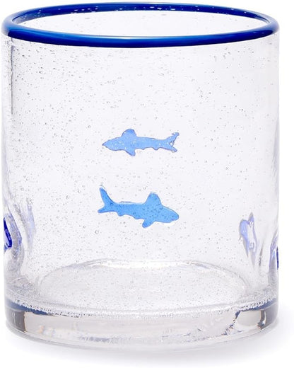 Two's Company Shark Clear Bubble Double Old Fashion Drinking Glass with Hand-Painted Rim, 16-Ounce