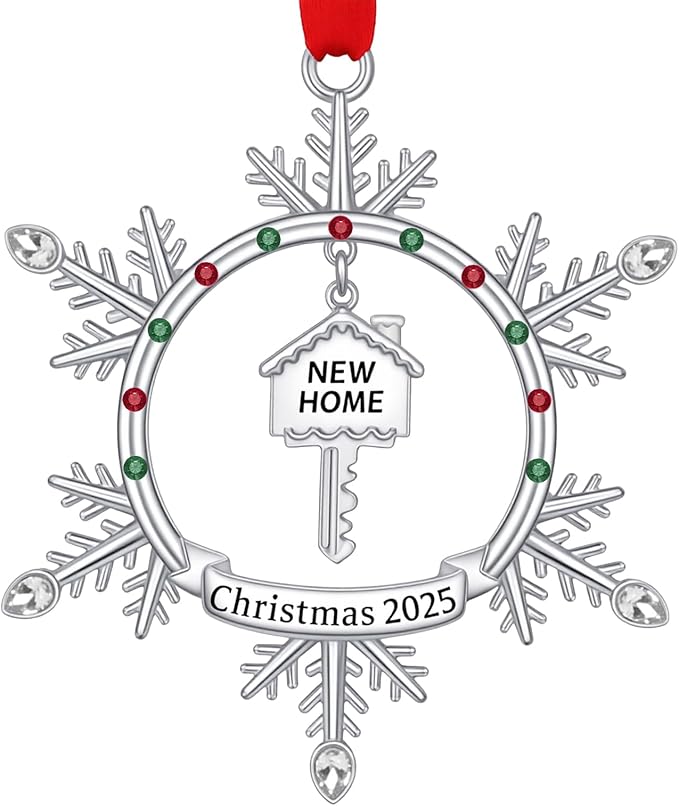 New Home Christmas Ornament 2025, First Christmas in New Home Snowflake Ornament with Key Design, Housewarming Gift for New Homeowners, Metal Xmas Tree Decoration Keepsake