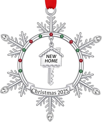New Home Christmas Ornament 2025, First Christmas in New Home Snowflake Ornament with Key Design, Housewarming Gift for New Homeowners, Metal Xmas Tree Decoration Keepsake