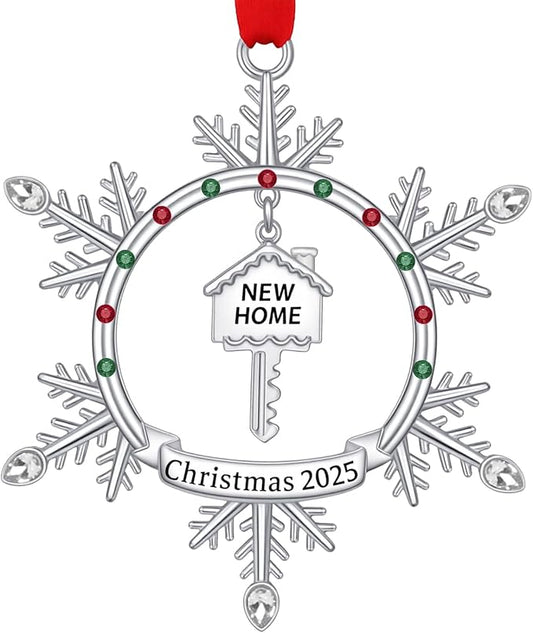 New Home Christmas Ornament 2025, First Christmas in New Home Snowflake Ornament with Key Design, Housewarming Gift for New Homeowners, Metal Xmas Tree Decoration Keepsake