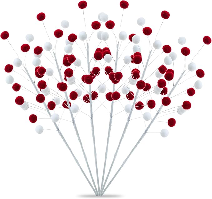 6 Pcs Red White Pom Poms Christmas Decorations & Felt Christmas Picks and Sprays DIY Xmas Tree Toppers, Festive Tree Filler & Decor (Redwhite)