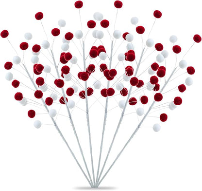 6 Pcs Red White Pom Poms Christmas Decorations & Felt Christmas Picks and Sprays DIY Xmas Tree Toppers, Festive Tree Filler & Decor (Redwhite)