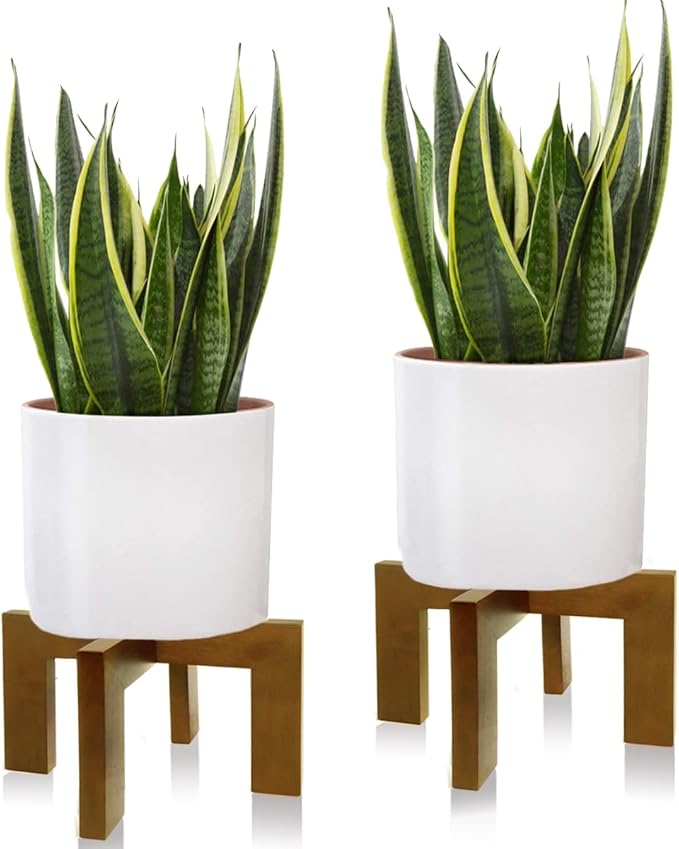 2 Pack Plant Stand Indoor Outdoor, Mid Century Plant Stand for Indoor Plants, Wood Modern Plant Holder Rattan Flower Plant stool, Low Short Boho Rustic Planter Stand, Fit 5-15 Inch Pot