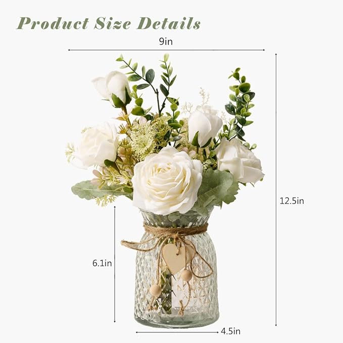 YJ Fake Flowers with Vase, Silk Roses Artificial Flowers in Vase, Faux Flower Plant Arrangement Suitable for Home Office Decoration, White