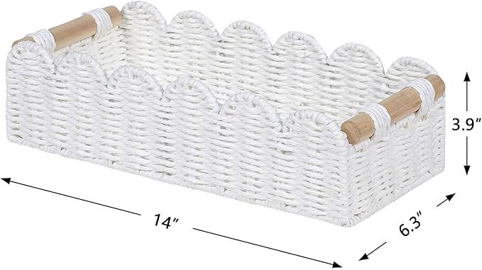 CubesLand Scalloped Edge Toilet Paper Storage Basket, Living Room Home Cozy Decor Basket, Paper Rope Small Baskets for Over Toilet Storage Shelf, Shelves, with 2 Wooden Handles, White