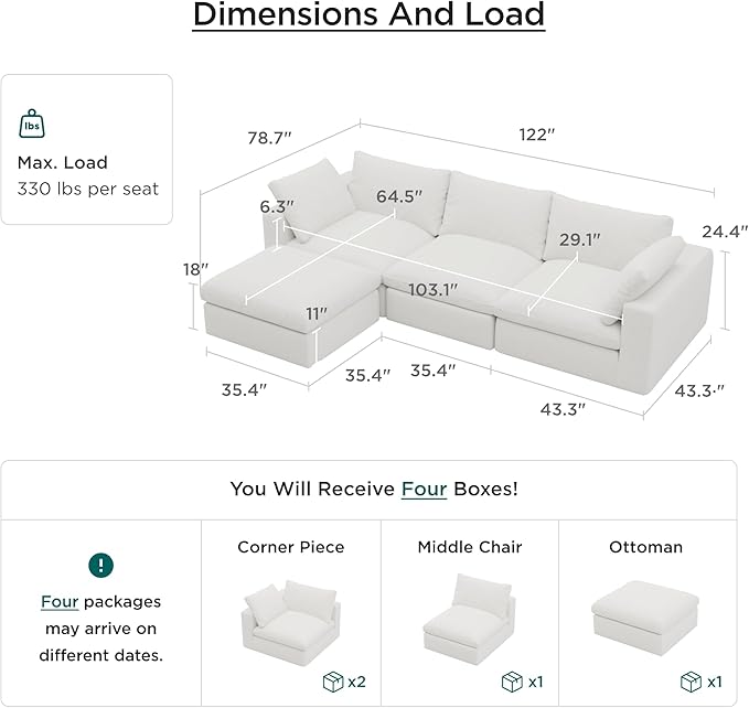Acanva Modular L-Shaped Sectional Cloud Couch, Free Combination Minimalist Sofa with Shredded Latex Filled Cushion and Removable Slipcovers for Living Room, Home Office, 3 Seater + Ottoman