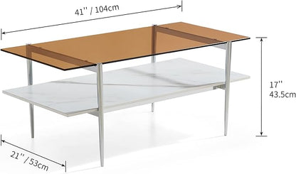 AGV LIGHTING Tadio Glass Coffee Table, Mid-Century Modern Coffee Table for Living Room, Chrome Finish Leg, Coffee Brown Glass Top & Faux Marble Wood Shelf, 41 in