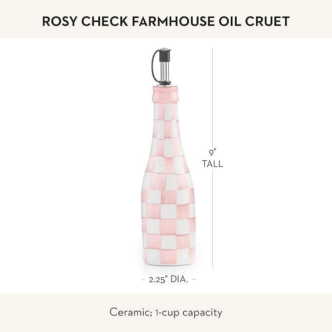 MACKENZIE-CHILDS Ceramic Farmhouse Oil Cruet, Ceramic Oil-Dispenser Bottle, Pink-and-White Rosy Check