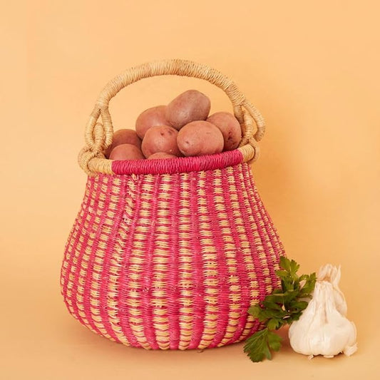 Kitchen Decor, Kitchen Storage, Fruit Basket, Wicker Basket, Woven, Shelf Decor, Decorative Basket, Harvestng Basket, Boho, African, Bolga, Pot Shape, 9" W, Small, Pink