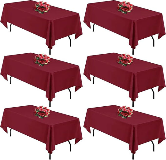 Burgundy 6 Pack Polyester Table Cloth 60 x 126 Inch, Rectangle Tablecloths for 6 Foot Tables Washable Table Cloth for Party Wedding