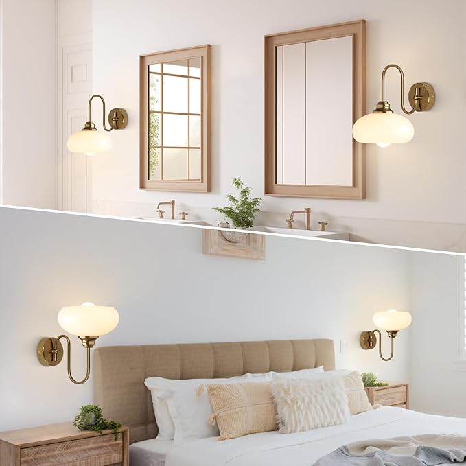 KCO Lighting Brushed Gold Wall Sconces Set of Two Milk Glass Wall Sconce Mid Century Modern Wall Sconce Frosted Globe Vanity Light Bathroom Sconces Wall Lighting Set of 2