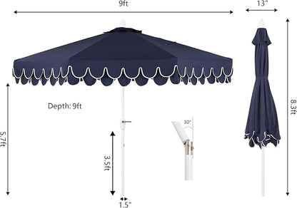JONATHAN Y UMB1002G Tracy 9 ft. Classic MidCentury Scalloped Fringe Market Patio Umbrella with Auto-Tilt Crank, Wind Vent and UV Protection in Navy/White, White Pole