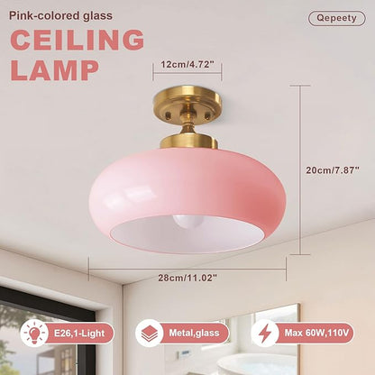 Flush Mount Ceiling Light, 2-Pack 11.02 Inch Pink Glass Close to Ceiling Light Glass Shade Golden Modern Lighting Farmhouse Hallway Light Fixtures for Hotel Entryway Girls Bedroom Foyer