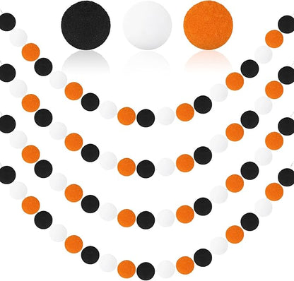 MARFOREVER Halloween Pom Pom Garlands Decorations, 4 Pack 26.3 Feet Halloween 30 Balls Black Orange White Felt Ball Hanging Garlands for Autumn Xmas Party Home Wall Decor Supplies