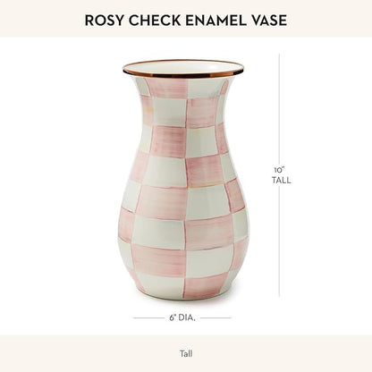 MACKENZIE-CHILDS Tall Enamel Vase, Unique Flower Vase, Bouquet Vase Decor for Living Room, Pink-and-White Rosy Check