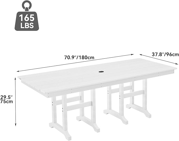 YITAHOME HDPE Patio Dining Table for 6, 71" Outdoor Dining Table w/Max Bearing 165 LBS, All Weather Rectangular Patio Table w/1.57" Umbrella Hole for Backyard Garden Lawn, White