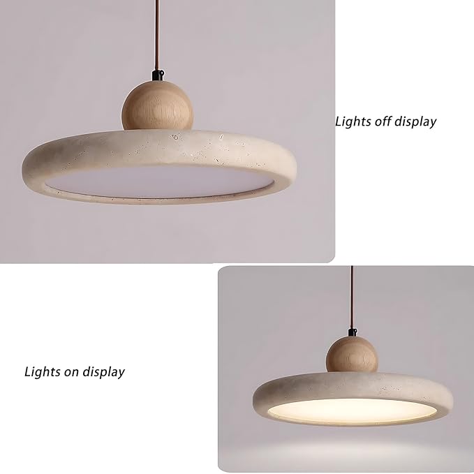 LED Natural Stone Pendant Light with Warm Glow, Modern Minimalist Dome Chandelier, Small Hanging Lamp for Kitchen Island Over Sink Bedroom Dining Room or Tea Room(Rubber Wood)