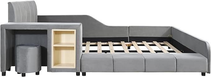 Merax Full Upholstered Grounded Bed Mother & Child, Gray Velvet