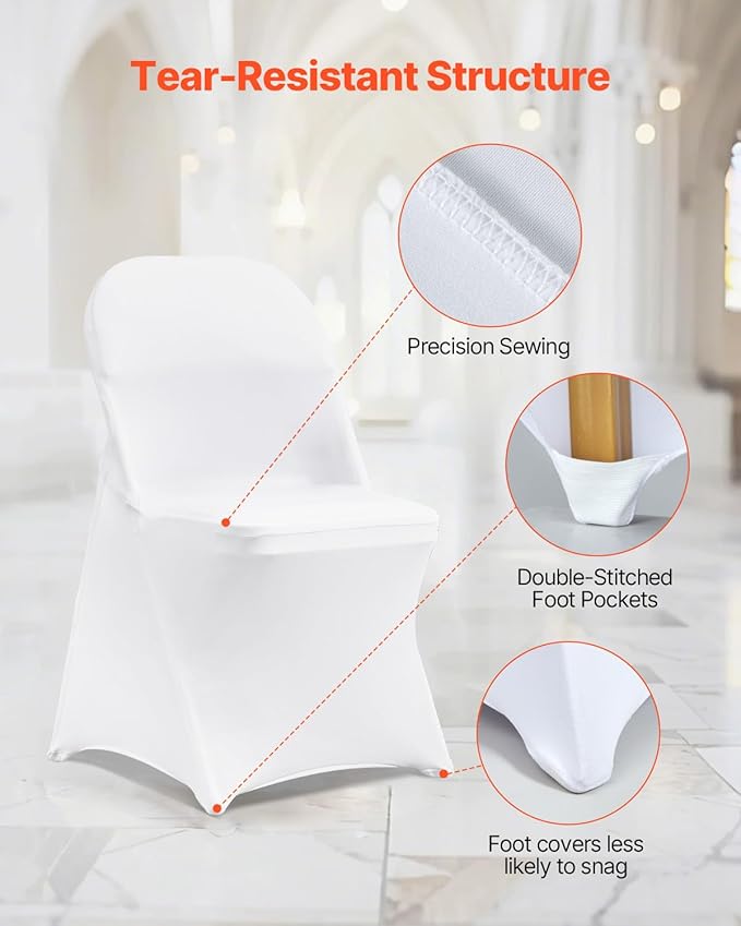 VEVOR White Stretch Spandex Chair Covers - 12 PCS, Folding Kitchen Chairs Cover, Universal Washable Slipcovers Protector, Removable Chair Seat Covers, for Wedding Party Dining Room Banquet Event