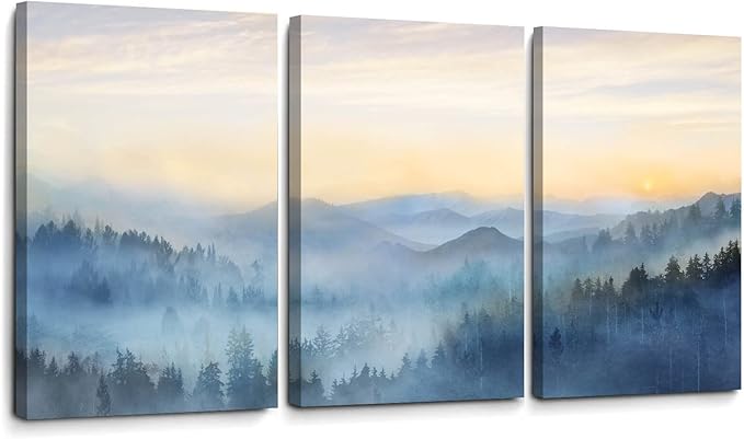 YJYart Foggy Forest Canvas Wall Art Landscape Mountain Wall Art for Living Room Sunrise Wall Decor Modern Artwork Canvas Prints Pictures for Wall Home Office Size 24"x 36"x 3pcs