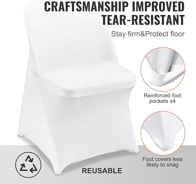 VEVOR Stretch Spandex Folding Chair Covers, Universal Fitted Chair Cover, Removable Washable Protective Slipcovers, for Wedding, Holiday, Banquet, Party, Celebration, Dining (100PCS White)