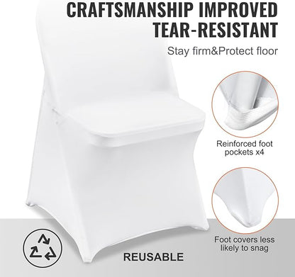 VEVOR Stretch Spandex Folding Chair Covers, Universal Fitted Chair Cover, Removable Washable Protective Slipcovers, for Wedding, Holiday, Banquet, Party, Celebration, Dining (100PCS White)