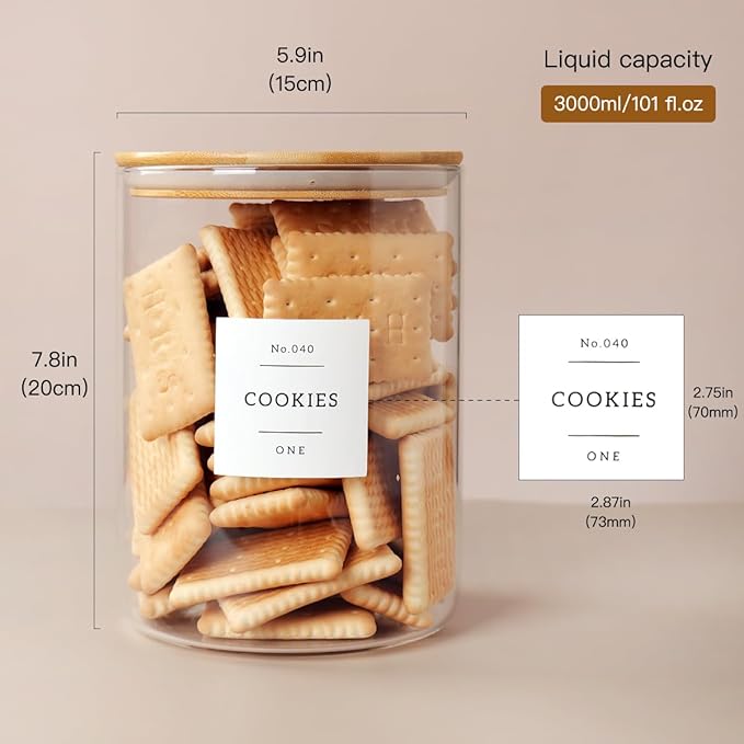 Set of 2 Large Glass Flour and Sugar Containers - 100 Fl oz Thicken Glass Storage Jars with Airtight Bamboo Lid and 132 Kitchen Pantry Labels - Big Clear Rice Containers Farmhouse