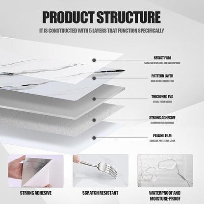 10pcs Marble Peel and Stick Backsplash Waterproof Washroom Wall Panels, Peel and Stick Tile, PVC Foam Wall Panels for Kitchen,Bathroom,living room,White and Black(Not Real Tile,11.8" x 11.8")