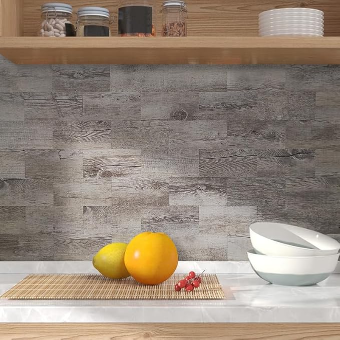 AULIGET 3" x 6" Subway Tile Peel and Stick Backsplash, Thick PVC Stick on Wall Tiles (4, Dover Gray Wood)