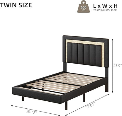 HOMBCK Floating Bed Frame Twin with Smart LED Lights, Faux Leather Upholstered Platform Bed with Diamond Headboard, No Box Spring Needed, Noise Free, Easy Assembly, Black