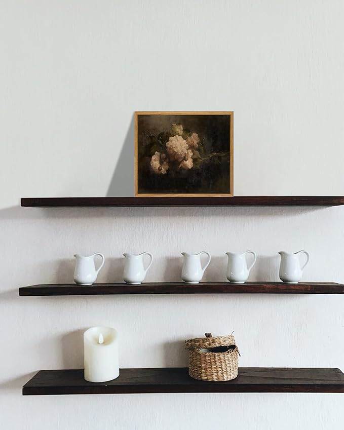 KBKBART Framed Canvas Wall Art Vintage Decor, Dark Vintage Still Life Flower Canvas Oil Painting, Classical Moody Peony Bouquet Prints for Wall Decor, Antique Floral Art Painting Victorian Decor Artwork for Bedroom Living Room Bathroom Gallery(8"x10")