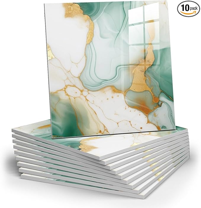 10pcs Marble Peel and Stick Backsplash Waterproof Washroom Wall Panels, Peel and Stick Tile, PVC Foam Wall Panels for Kitchen,Bathroom,Living Room,Green and Gold(Not Real Tile,11.8" x 11.8")