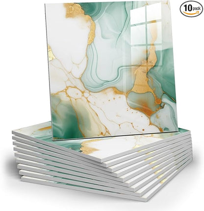 10pcs Marble Peel and Stick Backsplash Waterproof Washroom Wall Panels, Peel and Stick Tile, PVC Foam Wall Panels for Kitchen,Bathroom,Living Room,Green and Gold(Not Real Tile,11.8" x 11.8")