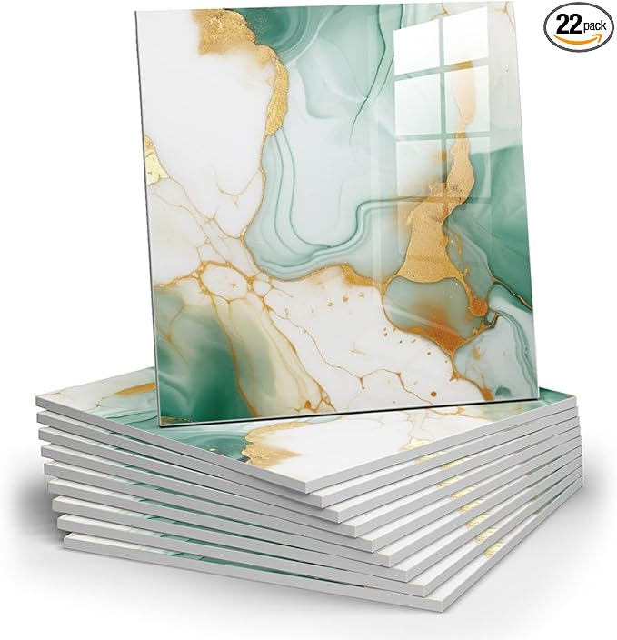 22pcs Marble Peel and Stick Backsplash Waterproof Washroom Wall Panels, Peel and Stick Tile, PVC Foam Wall Panels for Kitchen,Bathroom,Living Room,Green and Gold(Not Real Tile,11.8" x 11.8")