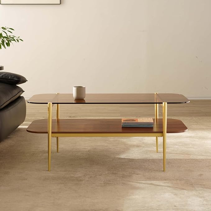 Saint Mossi Tadio Double Layer Glass Coffee Table for Living Room, Brown Glass & Coffee Brown MDF Bottom Shelf with Rounded Corners, L41xW21xH17