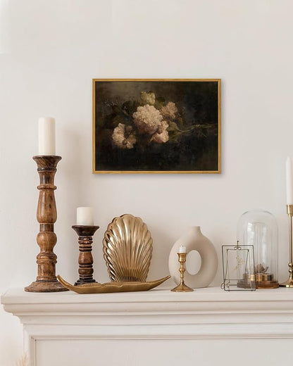 KBKBART Framed Canvas Wall Art Vintage , Dark Vintage Still Life Flower Canvas Oil Painting, Classical Moody Peony Bouquet Prints for Wall Decor, Antique Floral Art Painting Victorian Decor Artwork for Bedroom Living Room Bathroom Gallery(12"x16")