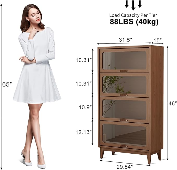 Solid Wood Bookcase 4-tire with Tempered Glass Flip-Up Doors,60Hx32Dx13.7W Bookshelves Finish Cube Storage Organizer,Bookshelf Versatile Pantry Cabinet for Living Room Home Office