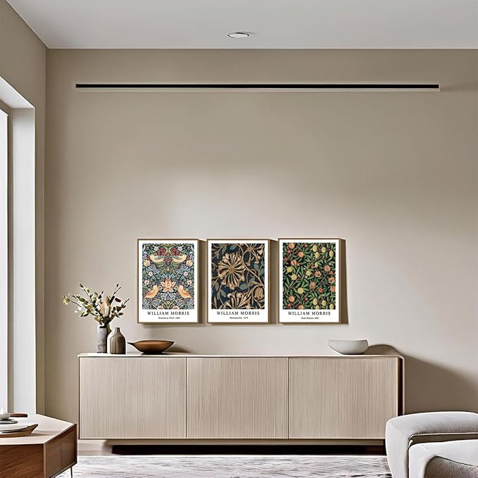 ILLBDR William Morris Framed Wall Art Vintage Botanical Canvas Wall Art Set of 3 Gold Strawberry Thief Prints Cotton Artwork Birds Pictures Decor for Bedroom Living Room 12x16 Inch