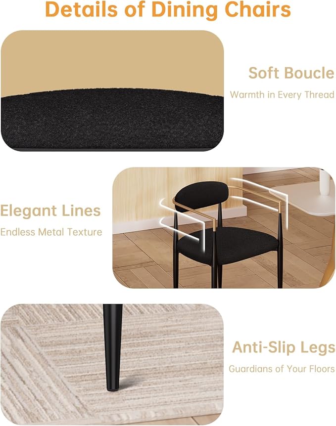 Morden Fort Black Modern Dining Chairs Set of 2, Boucle Upholstered Accent Dining Chairs with Gold Armrest and Curved Backrest for Kitchen, Living Room and Lounge