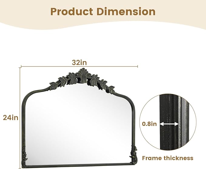 WallBeyond Black Antique Mirror for Vanity 32x24 Inch, Black Vintage Mirror with Ornate Frame, Arched Vintage Wall for Bathroom, Living Room, Fireplace