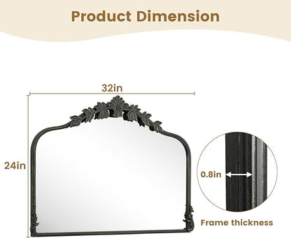 WallBeyond Black Antique Mirror for Vanity 32x24 Inch, Black Vintage Mirror with Ornate Frame, Arched Vintage Wall for Bathroom, Living Room, Fireplace