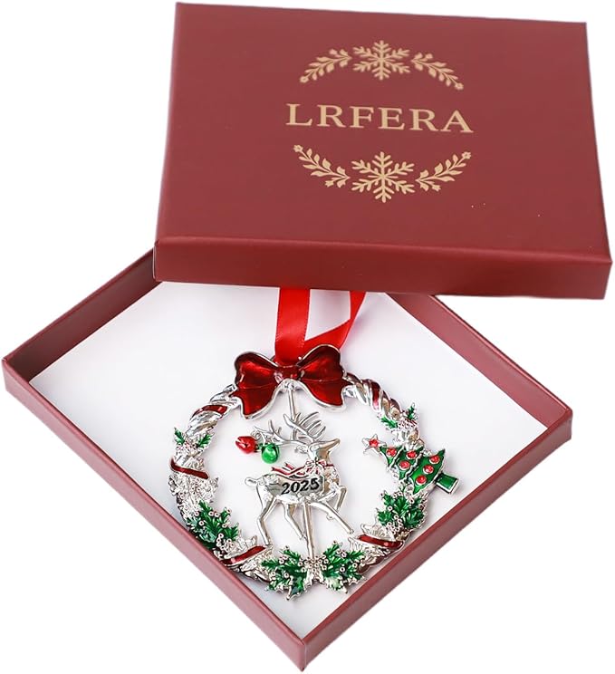Christmas Ornaments 2025 Keepsake Xmas Tree Decorations with Gift Box Rotation Pendant DIY Hanging Craft Collectibles for Indoor Home Party (Reindeer)