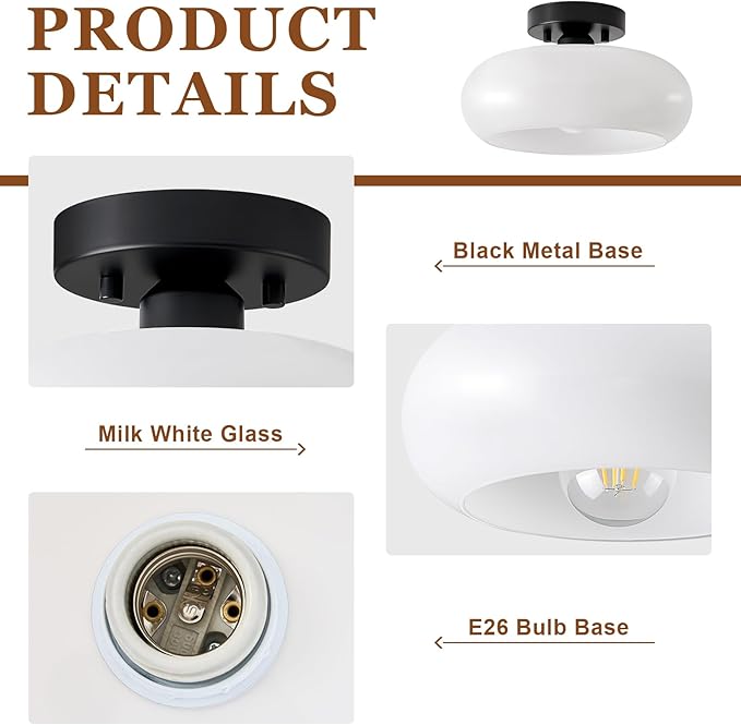 Mid-Century Modern Semi Flush Mount Ceiling Light, Metal Kitchen Light Fixture with Glass Shade,Vintage White and Black Colse to Ceiling Lamp for Entryway Hallway Bathroom (11.0 Inch)