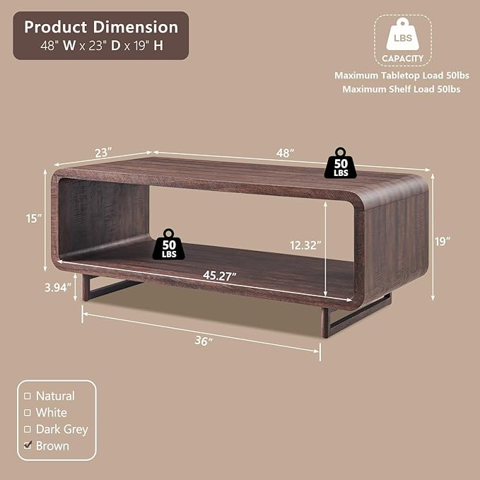48" Modern Coffee Table, 2-Tier Minimalist Center Table with Storage Shelf, Curved Profile Design, Wooden Rectangular Living Room Table w/Wood Thick Design for Living Room, Office, Brown